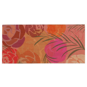 Pink pattern with flowers and plants wood flash drive