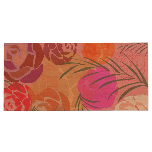 Pink pattern with flowers and plants wood flash drive (Back)
