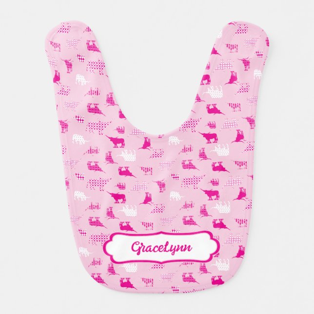 Pink Patterned Longhorns Pattern Baby Bib (Front)