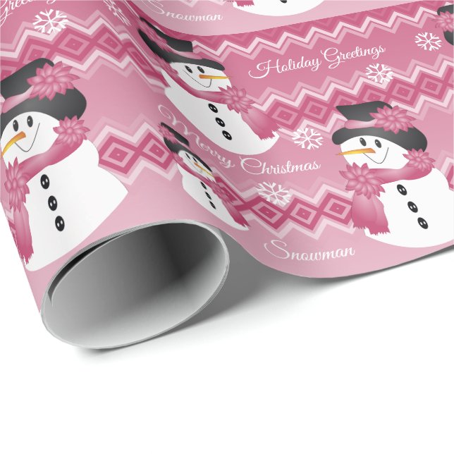 Pink Patterned Snowman Wrapping Paper (Roll Corner)