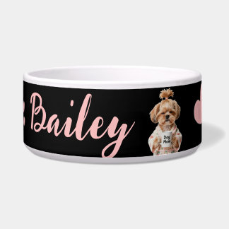 Pink Paw Cute Dog Name Black Pink Bowl