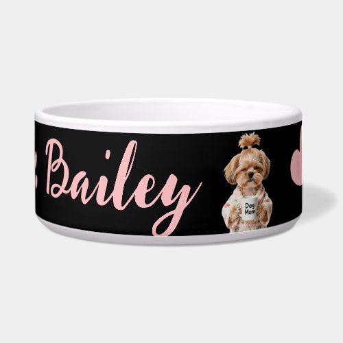 Pink Paw Cute Dog Name Black Pink Bowl