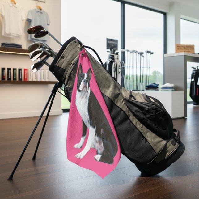  Pink Paw-fection: Boston Terrier Golf Towel (Pink Paw-fection: Boston Terrier Golf Towel)