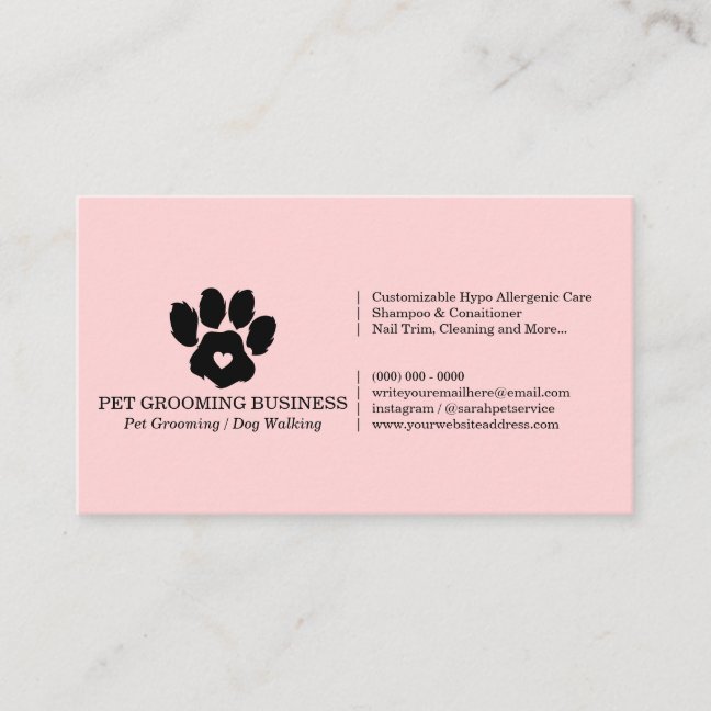 Pink Paw Minimalist Pet Branding Mobile Groomer Business Card