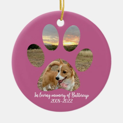 Pink Paw Print Dog Photo In Loving Memory Keepsake Ceramic Ornament
