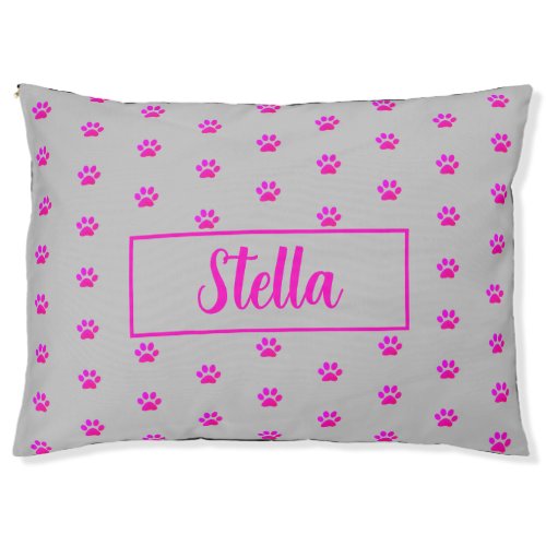 Pink Paw Print Patterns Custom Name Monogram Grey Pet Bed