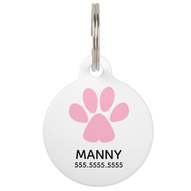 Pink Paw Print, Personalized Pet Details & QR Code ID Tag (Front)