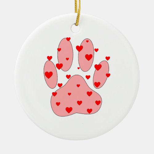 Pink Paw Print With Hearts Ceramic Ornament