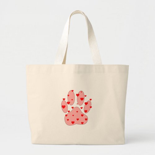 Pink Paw Print With Hearts Large Tote Bag