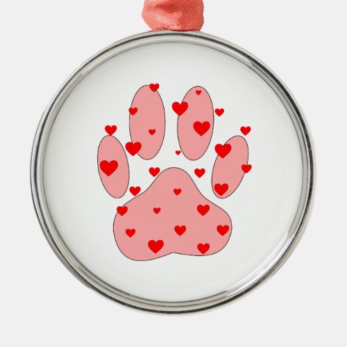 Pink Paw Print With Hearts Metal Ornament