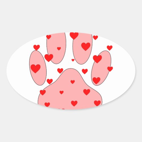 Pink Paw Print With Hearts Oval Sticker