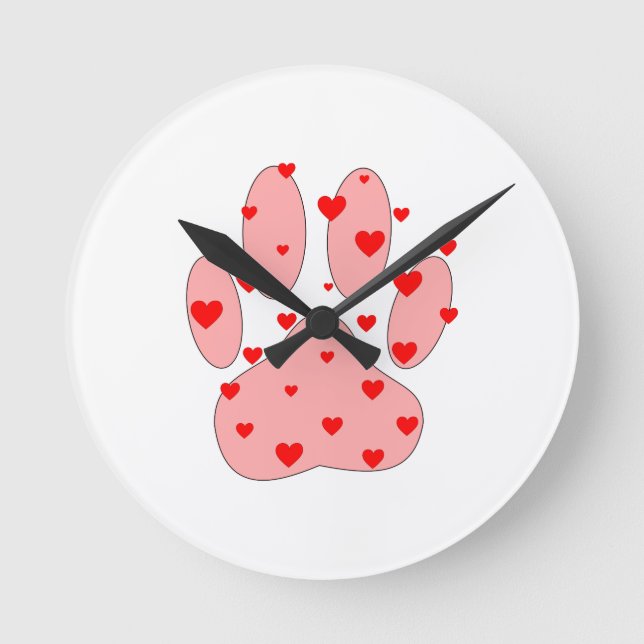 Pink Paw Print With Hearts Round Clock (Front)