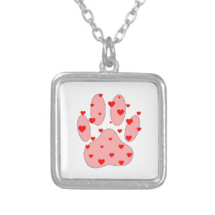 Pink Paw Print With Hearts Silver Plated Necklace