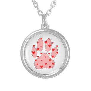 Pink Paw Print With Hearts Silver Plated Necklace