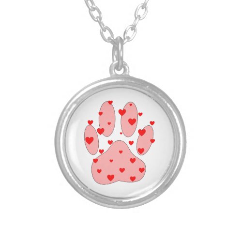 Pink Paw Print With Hearts Silver Plated Necklace