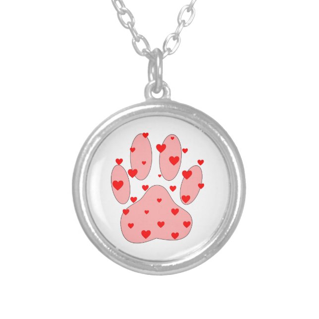 Pink Paw Print With Hearts Silver Plated Necklace (Front)