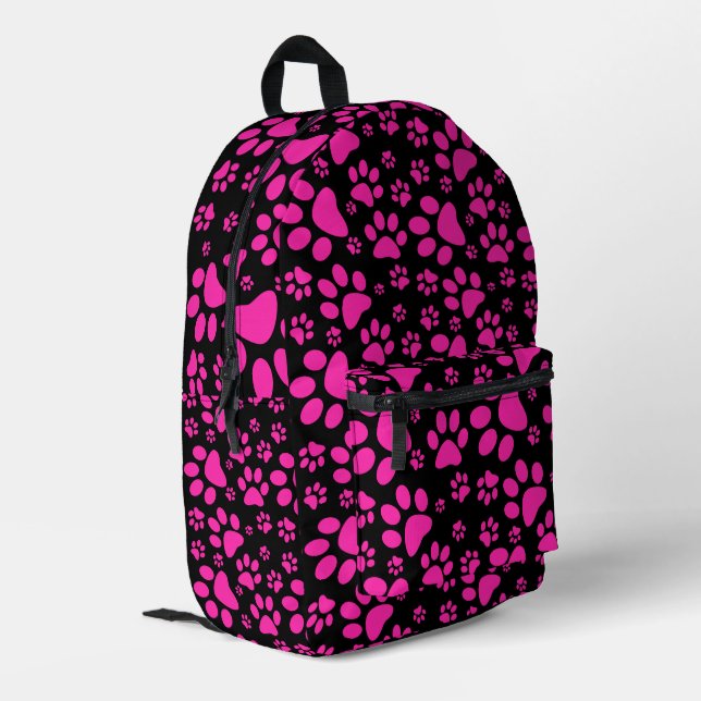 Pink Paw Prints Black Printed Backpack (Back Corner Left)