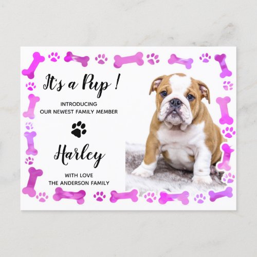 Pink Paw Prints Bones New Pet Dog Puppy Announcement Postcard