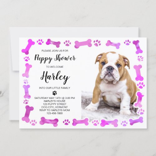 Pink Paw Prints Bones New Pet Dog Puppy Shower Invitation