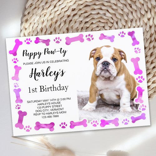 Pink Paw Prints Bones Puppy Dog Birthday Invitation