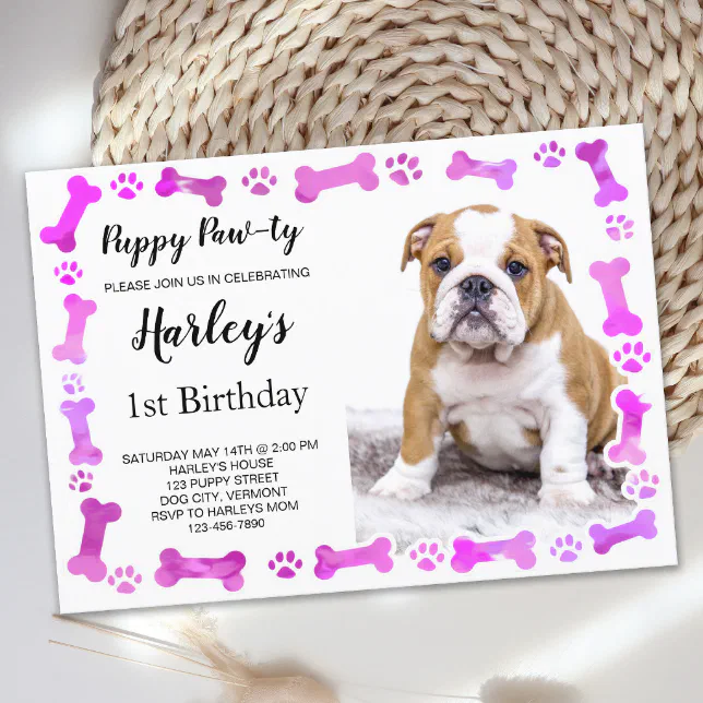 Pink Paw Prints Bones Puppy Dog Birthday Invitation | Zazzle