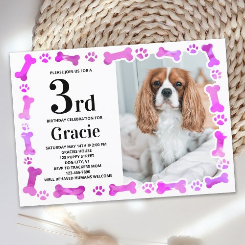 Pink Paw Prints Custom Pet Photo Dog Birthday Invitation