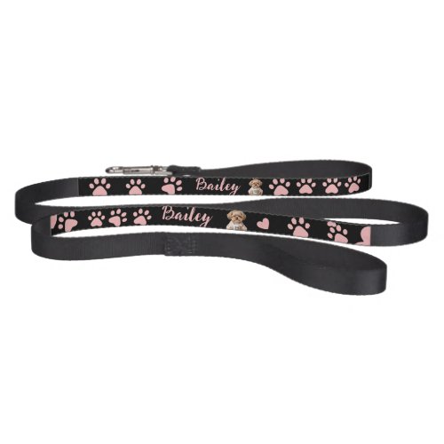 Pink Paw Prints Cute Dog Name Black Pink Pet Leash