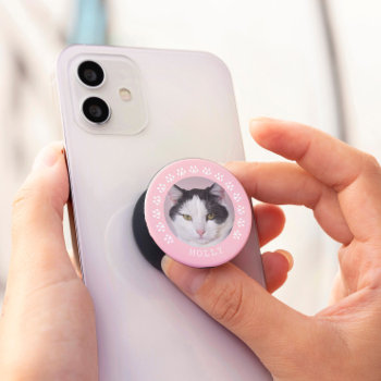 Pink Paw Prints Frame Personalized Pet Photo Popsocket by heartlocked at Zazzle