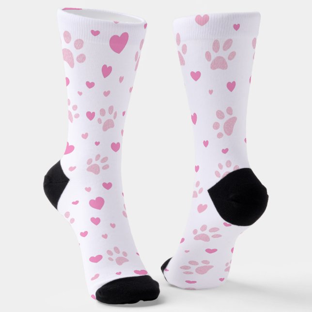 Pink Paw Prints & Hearts Crew Socks (Angled)
