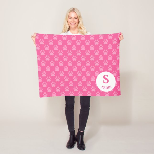 Pink Paw Prints Pattern With Monogram & Name Fleece Blanket (In Situ)