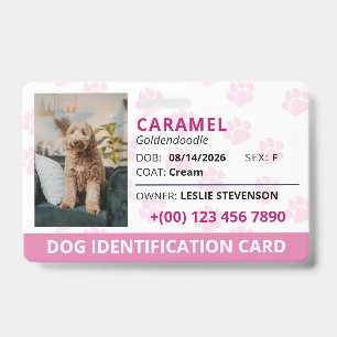 Pink Paw Prints Photo & Name Dog Identification Badge