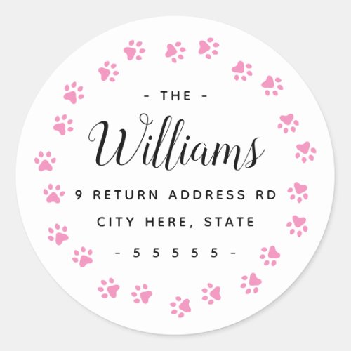 Pink paw prints return address labels