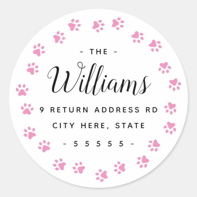 Pink paw prints return address labels (Front)