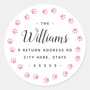 Pink paw prints return address labels