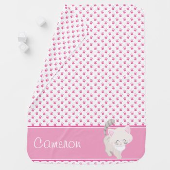 Pink Paw Prints With White Cat | Personalized Swaddle Blanket by DesignedwithTLC at Zazzle