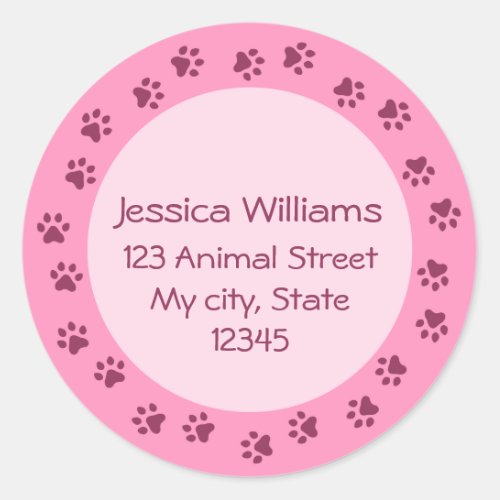 Pink pawprint circle address label darker border classic round sticker