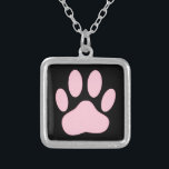 Pink Pawprint Silver Plated Necklace<br><div class="desc">Pink cartoon dog paw print, 
Black background version.</div>