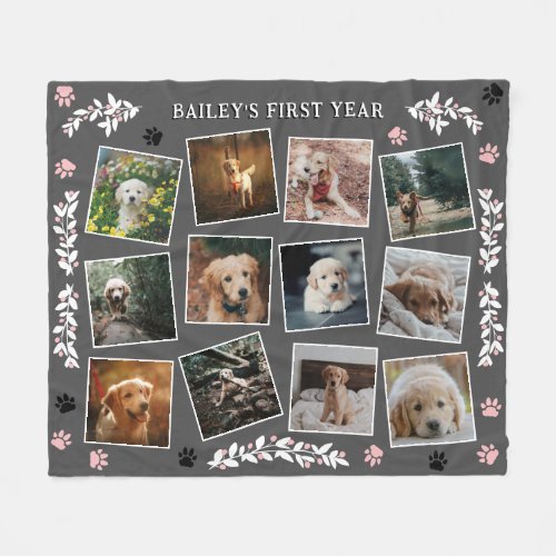 Pink Paws Greenery Gray Puppys First Year Photos Fleece Blanket