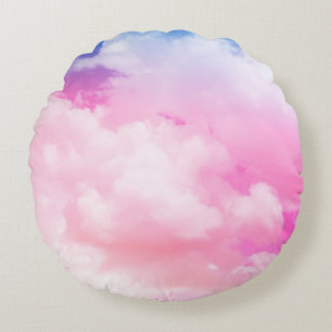 pink, peace, blue, yellow clouds and sky. Abstract Round Pillow