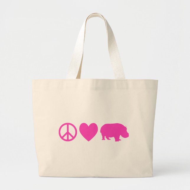 Pink Peace Love and Hippos Large Tote Bag (Front)