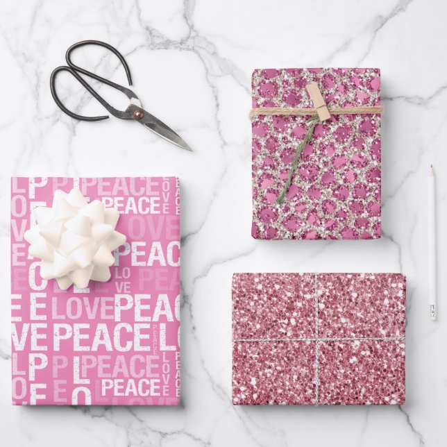 Pink Peace Love Leopard Glitter   Wrapping Paper Sheets (Front)