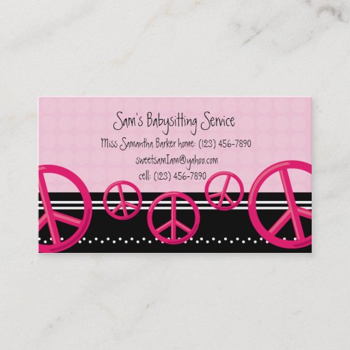 Customizable Pink Peace Sign Babysitter or Mommy Calling Card Business Card