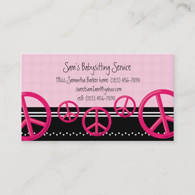 Pink Peace Sign Babysitter or Mommy Calling Card (Front)