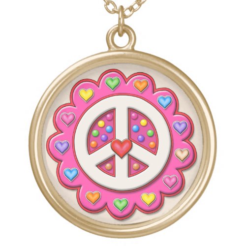Pink Peace Sign Flower Gold Plated Necklace