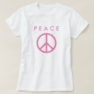 Pink peace sign symbol on white t shirt for women