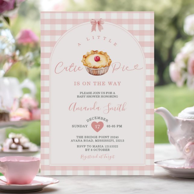 Pink Peach A Little Cutie Pie Gingham Baby Shower Invitation (Creator Uploaded)