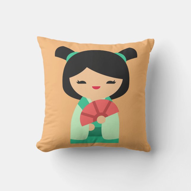 Pink peach and aqua Kokeshi Japanese dolls Throw Pillow (Front)