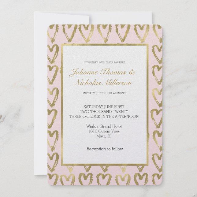 Pink Peach and Gold Hearts Wedding Invitation (Front)