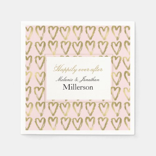 Pink Peach and Gold Hearts Wedding Paper Napkins