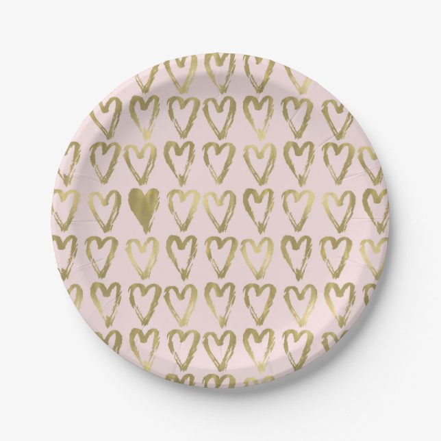 Pink Peach and Gold Hearts Wedding Paper Plates (Front)